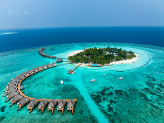 Aerial View, Maldives, North Malé Atoll, Indian Ocean, Thulhagiri Island Resort with Water Bungalows