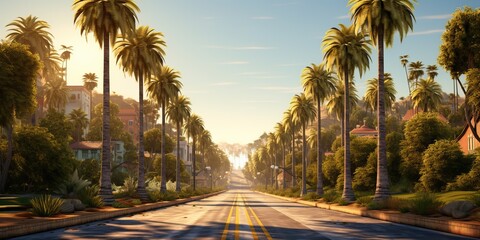 AI Generated. AI Generative. Amrican miami california road trip with palms. Adventure travel vacation vibe. Graphic Art