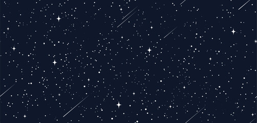 Starry space seamless pattern with sky stars in night galaxy, vector background. Space universe or dark black cosmos pattern with constellation, falling meteorites, comets and twinkling stars light