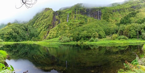 Ribeira do Ferreiro waterfall in Flores island, azores