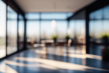 Beautiful blurred background of a light modern office interior with panoramic windows and beautiful lighting.