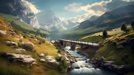 Bridge near the Mountains - Generative AI