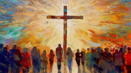 Many people around the cross, christian concept, modern painting, generative ai