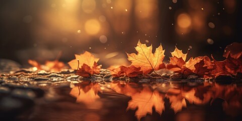 web banner design for autumn season and end year activity with red and yellow maple leaves with soft focus light and bokeh background