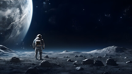Spaceman or astronaut on the surface of moon. AI generated.