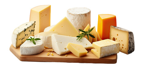 Assorted types of cheese separated on a plain transparent background.