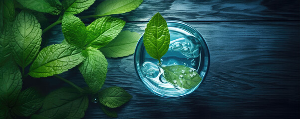 Ilustration photo a glass of pure water placing on the blue background. generative ai