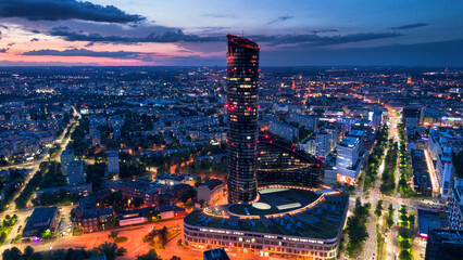 Evening view of the Sky Tower Wroclaw, Poland.