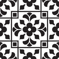 black and white tile pattern, Azulejos Portugal ornament, Talavera ceramic decor, Moroccan mosaic, Spanish porcelain tableware, folk print, Spanish pottery, Mediterranean seamless background vector
