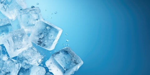 Frozen ice cubes on blue background with copy space.