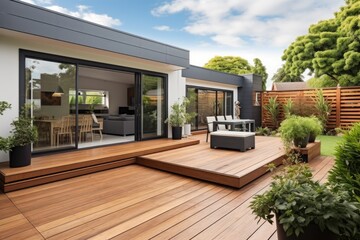 The renovation of a modern home extension in Melbourne includes the addition of a deck, patio, and courtyard area.