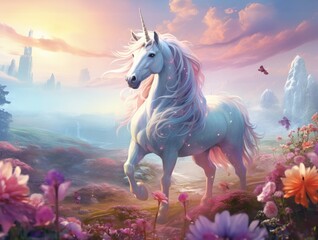 Illustration of a majestic white unicorn in a vibrant field of colorful flowers created with Generative AI technology