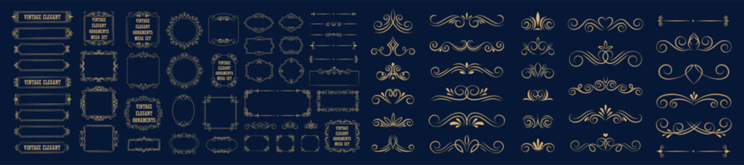 Set of gold vintage frame and corners icon. Vector illustration.