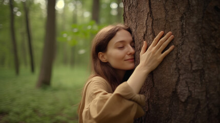 Young woman tree hugging in the forest in concept of people love nature and tree to protect from deforestation and pollution or climate change