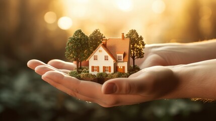 Small house in a human hand. New home, business, investment and real estate concept.