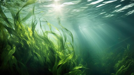 Seaweed and natural sunlight underwater seascape in the ocean. landscape with seaweeds. Marine sea bottom. AI photography.
