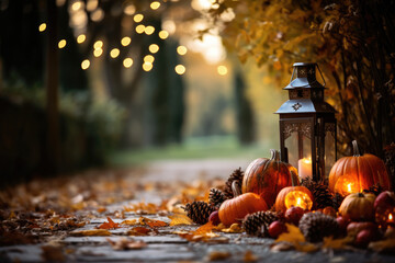 Authentic Thanksgiving Day traditions in a rural countryside, vegetable harvest outdoors and autumn leaves and trees background. Generative AI