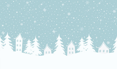 Winter background. Christmas village. Seamless border. Fairy tale winter landscape. White houses, fir trees on light blue background. Vector illustration