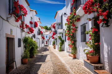 Picturesque narrow street in Spanish city old town. Typical traditional whitewashed houses with blooming plants, flowers, cobbled street in a small cozy town in Spain