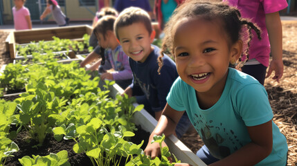 Kids at a community garden, tending to their plants and flowers with enthusiasm. Planting, and enjoying their labor as their garden flourishes