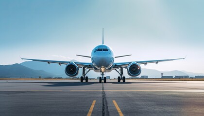 Jet plane on the blue sky background of a taxiway. Front view from eye to eye.