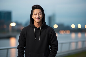 Happiness Asian Man In Black Hoodie On City Background . Сoncept Asian Representation In Pop Culture, Urban Lifestyle And Mental Health, Urban Fashion Trends, Mental Health And Happiness