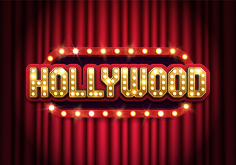 Bright Hollywood sign with a curtain. Movie banner or poster in retro style. Vector illustration.