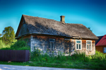 Drewniana wiejska stara chałupa na dalekiej wsi. 