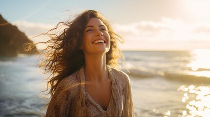 Blissful woman on a beach vacation, smiling broadly with joy and gratitude, embodying happiness by the serene ocean