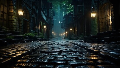 Old town street at night with lanterns and fog. Halloween concept