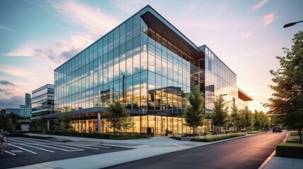 captivating image of a modern office building with a sleek glass facade that epitomizes contemporary architecture.