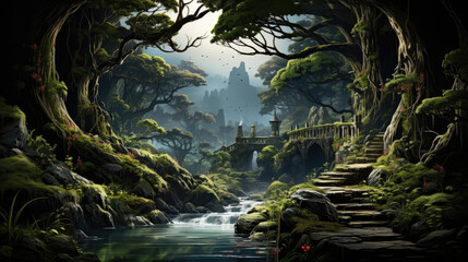A hyper-realistic fantasy forest in spring with bursting green leaves, singing birds, and a flowing stream.