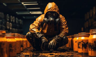 Osoba w żółtym kombinezonie ochronnym oczyszcza odpady radioaktywne. 