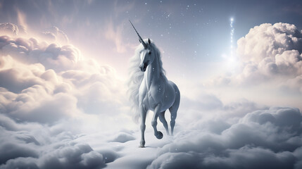 Full body unicorn walking on clouds 