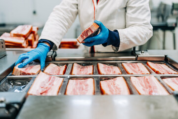 Production line for packing and vacuuming delicious pork meat bacon into small packages. Meat food industry work
