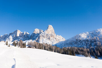 Snowy alpine landscape. Italian alps winter panorama