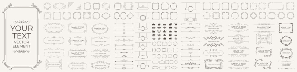 Set of gold vintage frame and corners icon. Vector illustration.