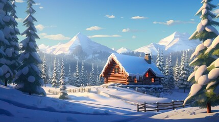  a log cabin nestled in the middle of a snowy forest, surrounded by tall trees covered in a blanket of snow The sky is a clear blue, and the mountains in the backgr