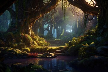 A serene painting depicting a forest with a stream flowing through it. This artwork captures the beauty and tranquility of nature. Perfect for adding a touch of serenity to any space.