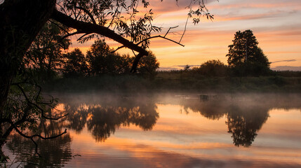 Mglisty krajobraz nad stawem, wschód słońca
