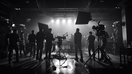 Behind the scene of film production in the studio. Movie making scene in black and white.