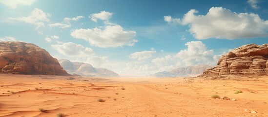 The Valley of the Moon in Jordan known as Wadi Rum desert has orange sand haze and clouds It is a UNESCO World Heritage Site and resembles the red planet Mars It is a popular destination fo