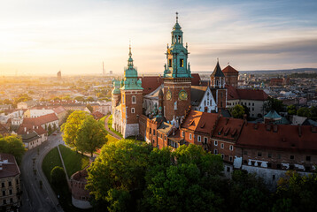 Soft lighted Wawel Castle at summer sunrise, Krakow, Poland