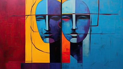 Rozdwojenie jaźni na kubistycznym kolorowym obrazie. 