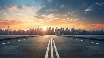Sunset view of modern city skyline and mountain scenery from an empty asphalt road
