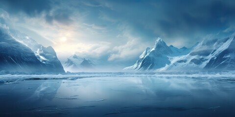 AI Generated. AI Generative. Winter ice snow frozen lake nature outdoor background with mountains landscape. Graphic Art