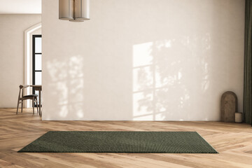 Modern interior design of apartment, dining room with table and chairs, kitchen, empty living room with white wall, panorama. 3d Rendering