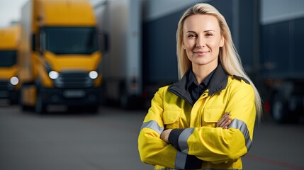 Proud and smiling truck driver female