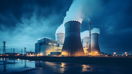 Nuclear Power plant at night with chimneys and cooling towers, industrial landscape