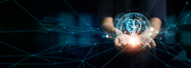 Hands with light bulb of Inspiration bright idea and creative thinking energetic on digital network, Innovation and inspiration with creativity mind.